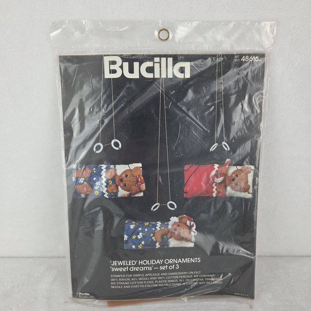 Vintage Bucilla Sweet Dreams Felt Ornament Kit Set Of 3 Bears #48616 Sealed